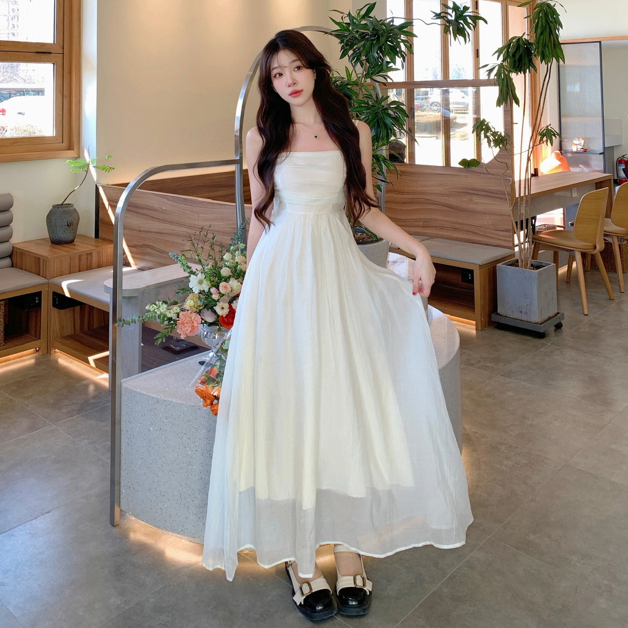 2024 Spring Summer New Solid Color Pleated New Chinese Style Atmosphere Elegant Flowy Waist-Cinched Cami Long Dress for Women