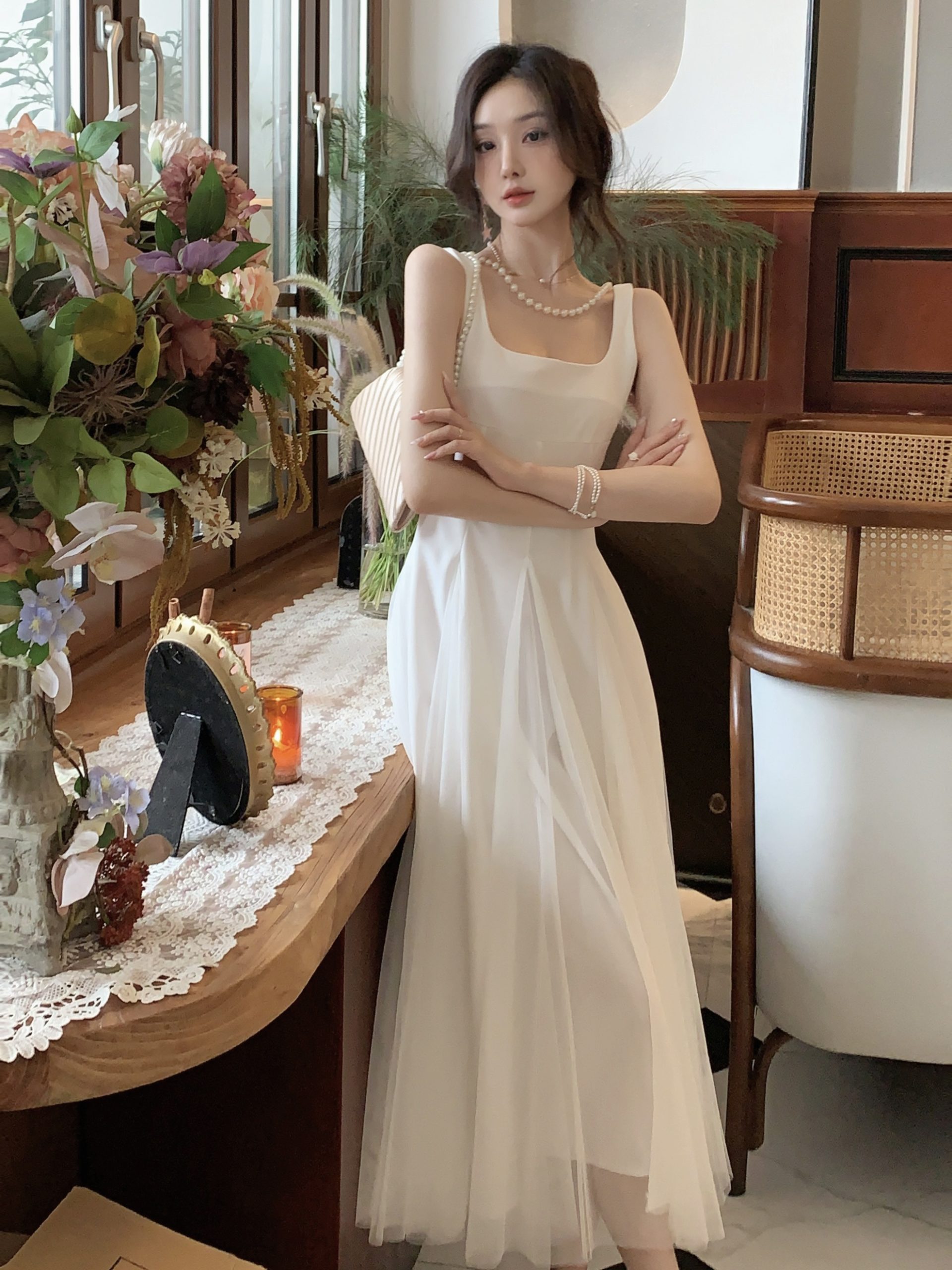 White Sling Dress Women New Mesh Puffy Fairy High-End Certificate Long Dress - Image 2