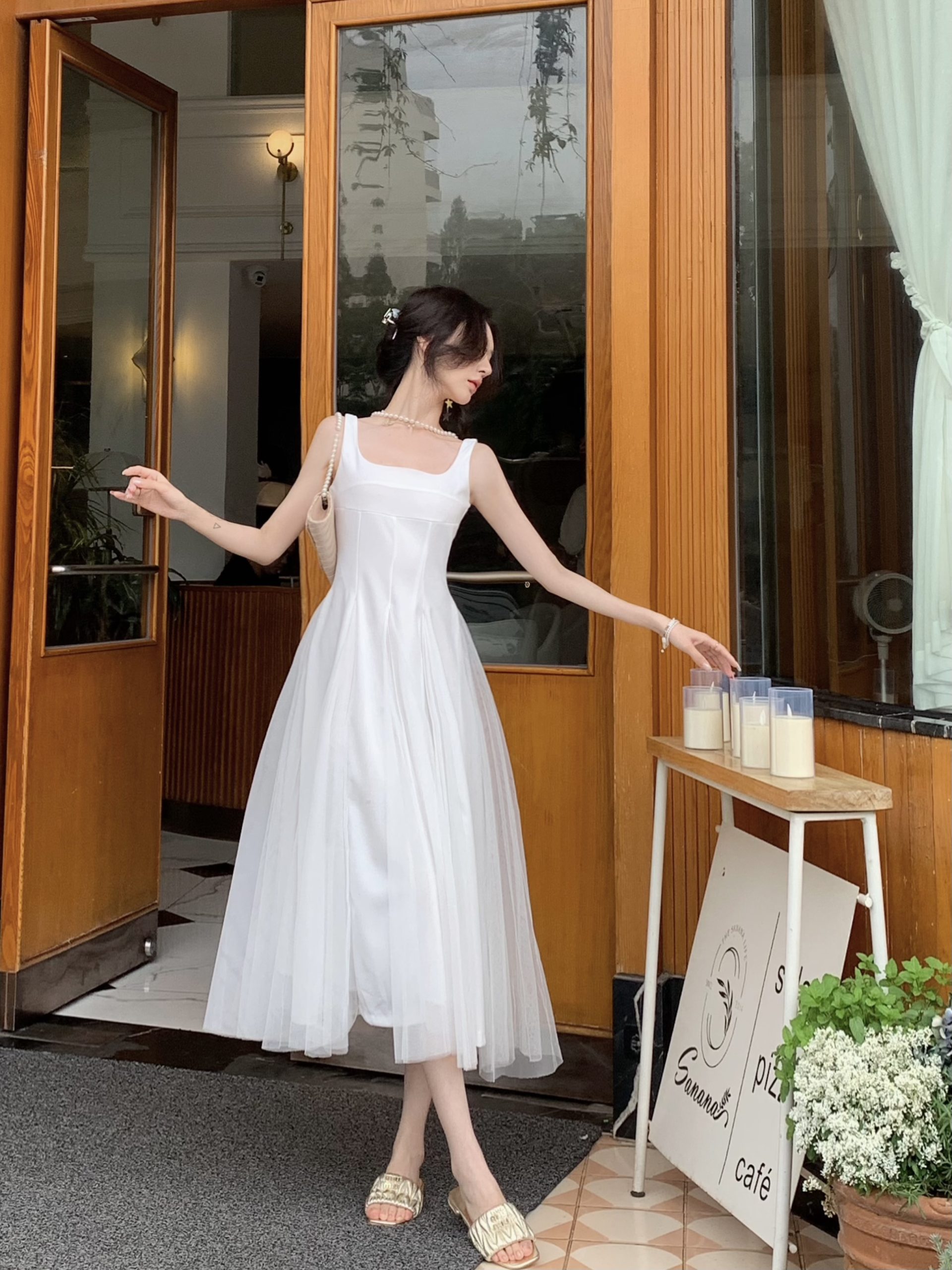 White Sling Dress Women New Mesh Puffy Fairy High-End Certificate Long Dress - Image 4