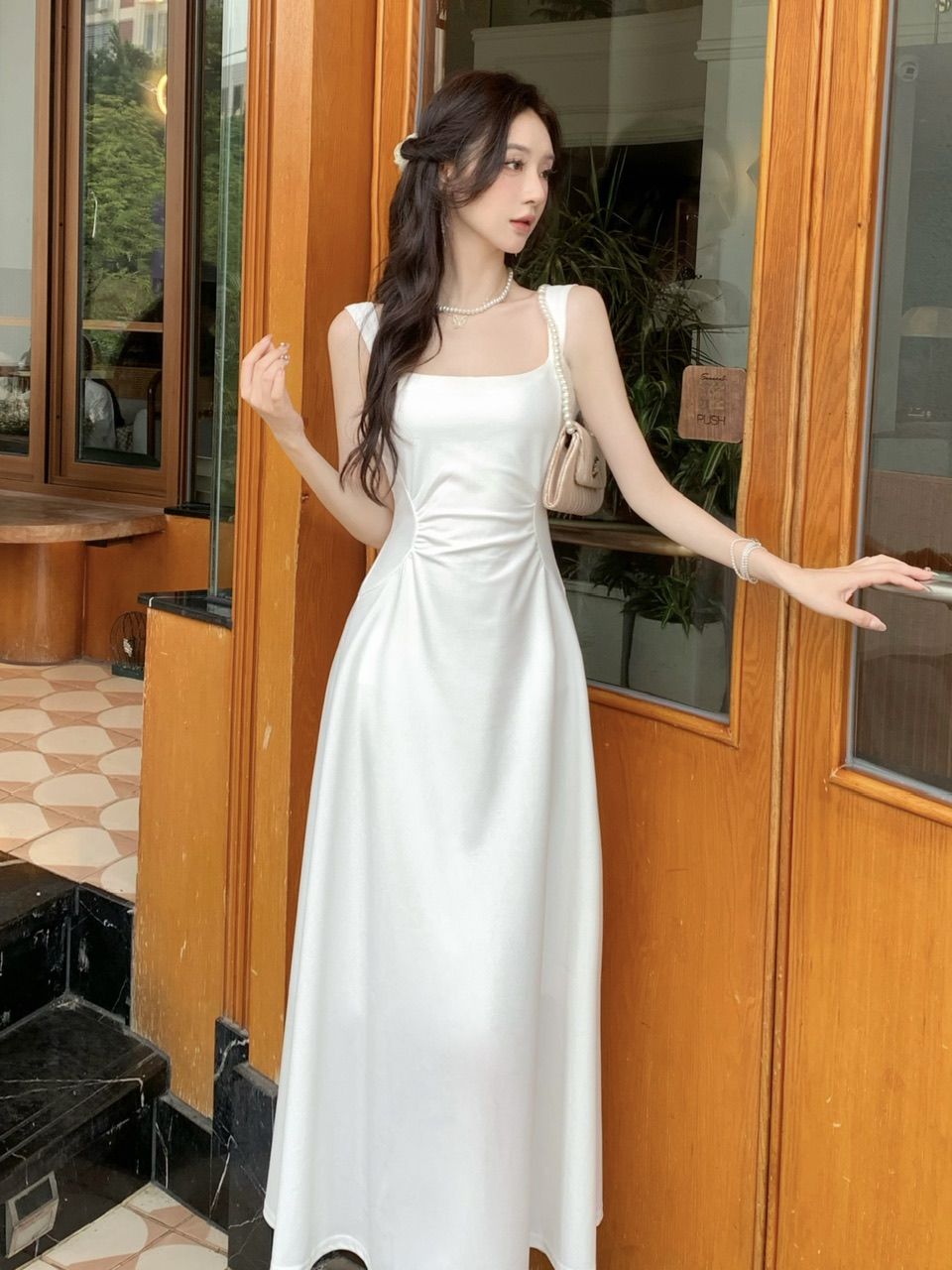 White A-Line Cami Dress 2023 Summer High Waist French Style
