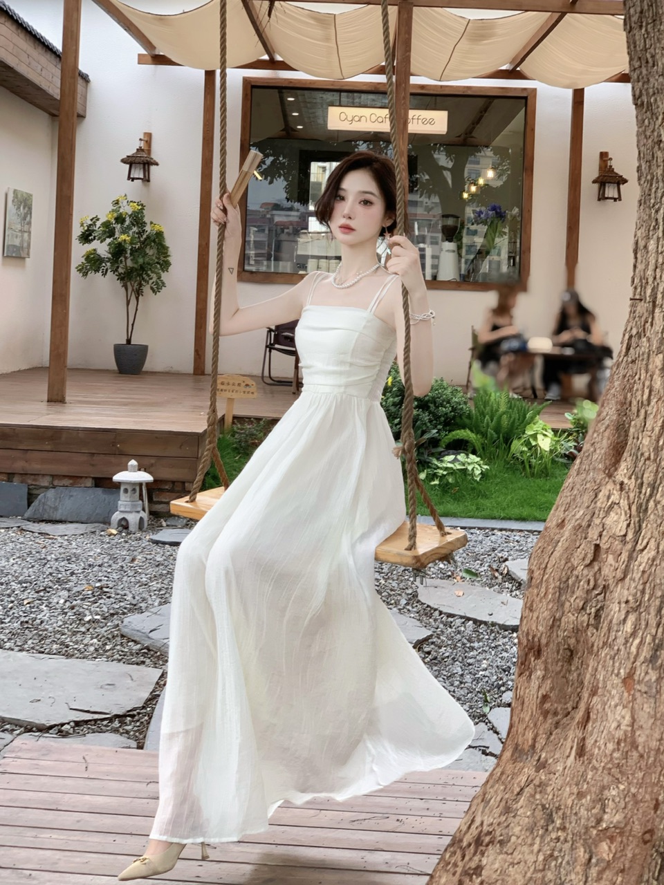 New Chinese Style Pleated Open Back High Waist Cami Midi Dress