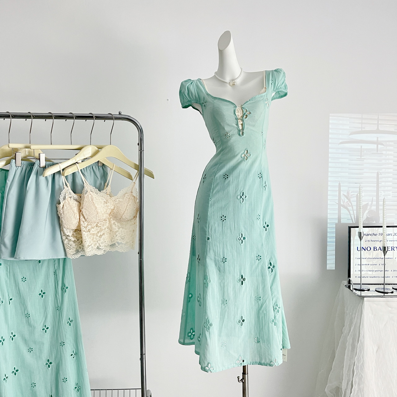French Mint Green Lace Bubble Sleeve Mermaid Dress Set