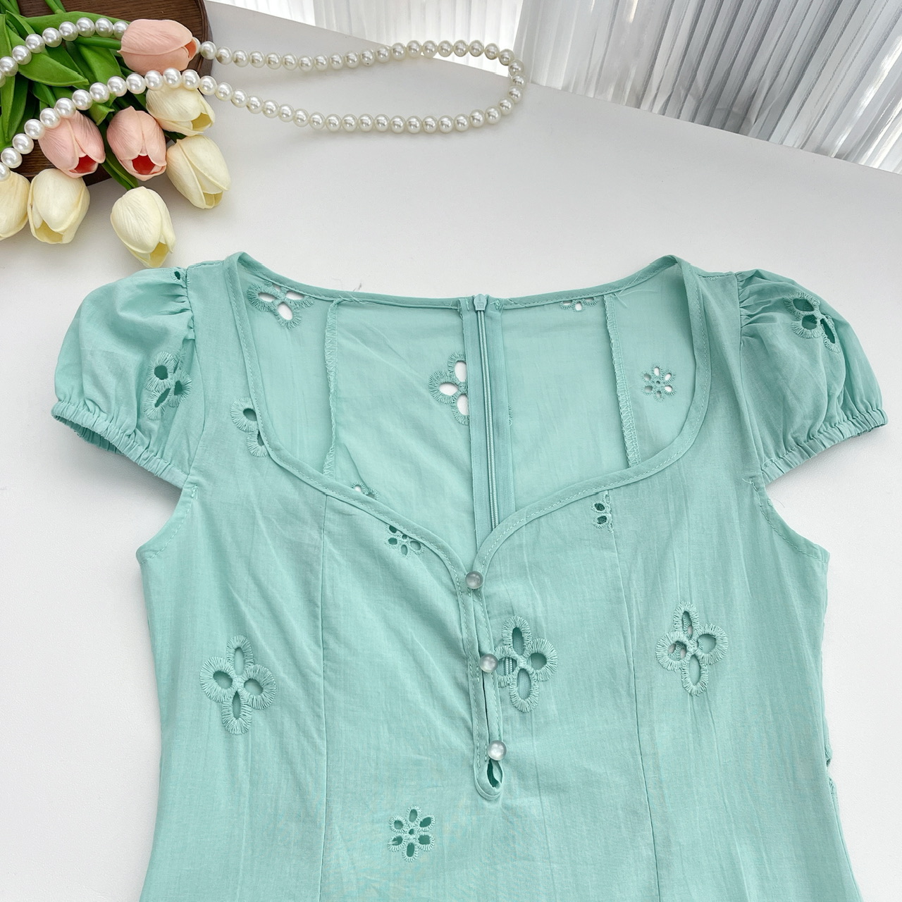 French Mint Green Lace Bubble Sleeve Mermaid Dress Set - Image 5