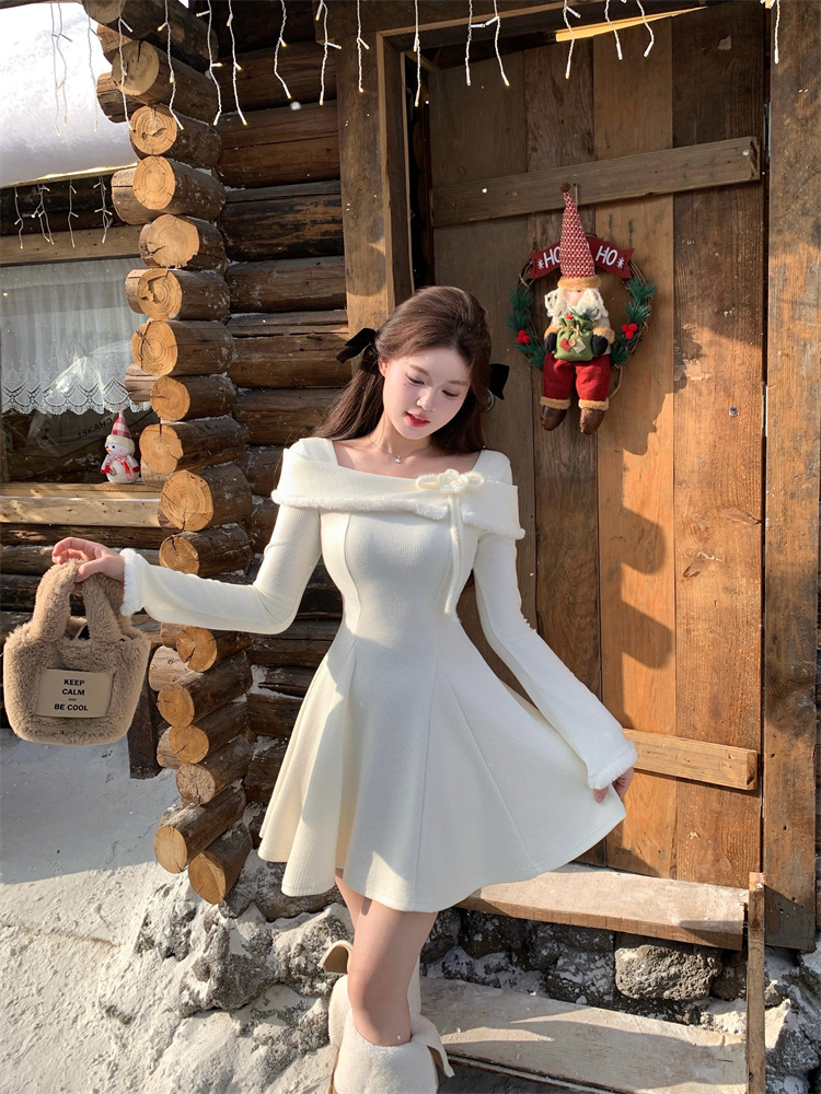 Off-Shoulder White Knit Dress Women Autumn Winter 2026 New Layering Sweater Dress Elegant Princess Long Dress