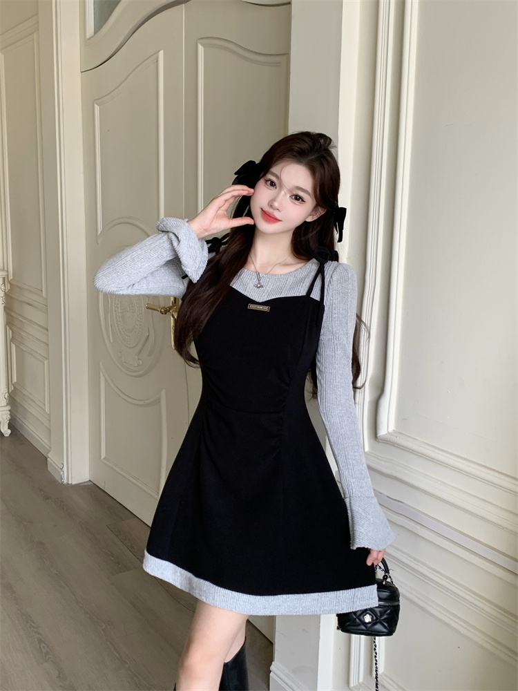 Women's Faux Two-Piece Knit Dress with Cami Layer Slim Fit Short Dress for Fall Commute