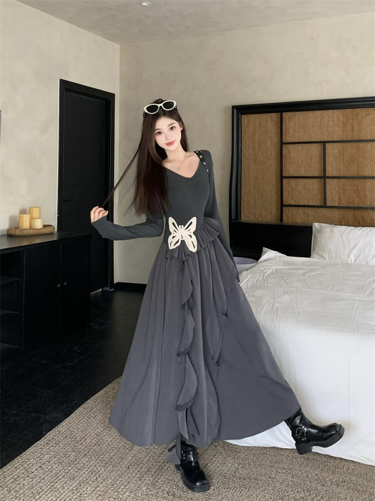 Butterfly Dress Little Black Dress Asymmetrical Hem Solid Long Sleeve Slim Fit Dress