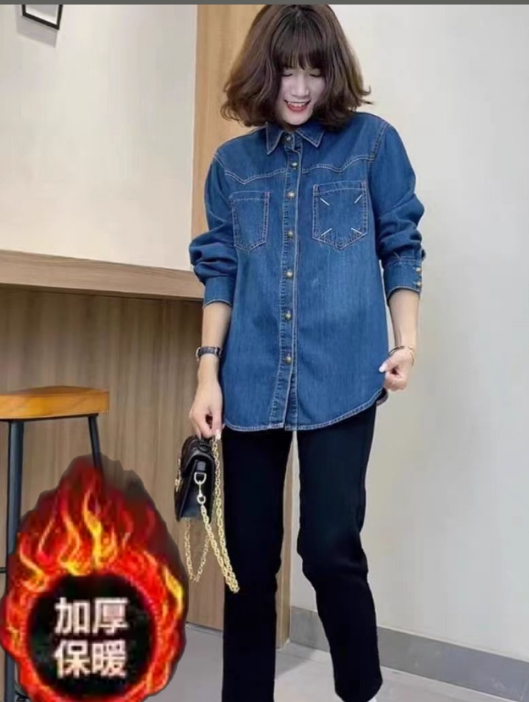 Women's Fleece-Lined Denim Shirt Jacket Winter Warm Loose Fit