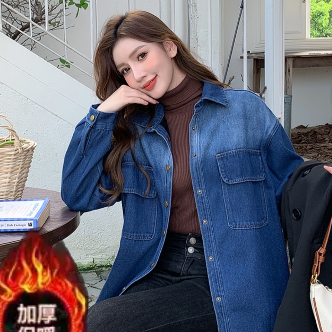 Korean Style Winter Fleece-Lined Thick Warm Denim Shirt Jacket for Women