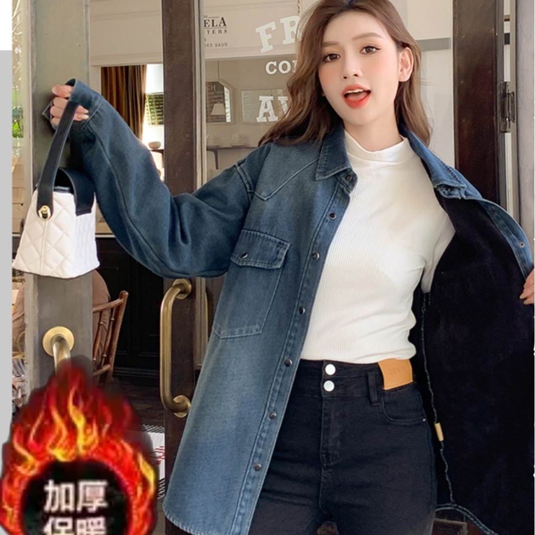 Women's Fleece-Lined Oversized Denim Shirt Jacket Korean Style Winter Layering - Image 5