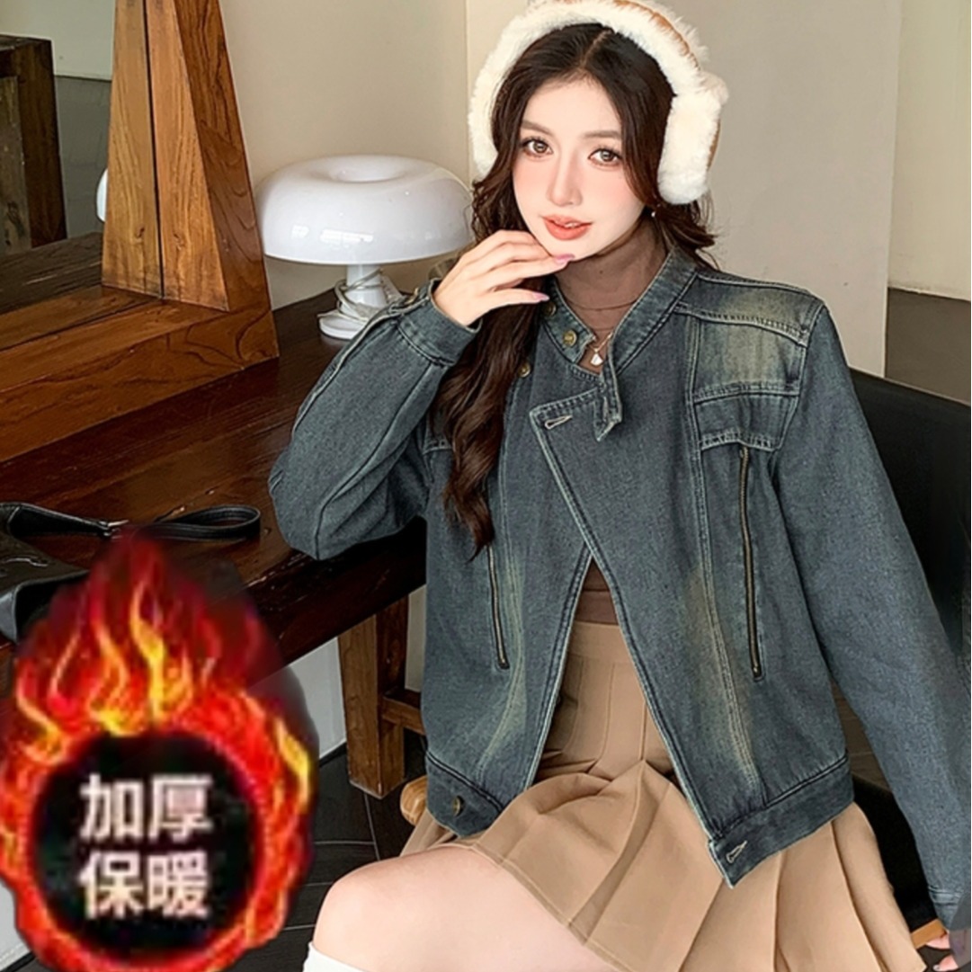 Women's Fleece-Lined Denim Jacket with Stand Collar - Winter Warm Layering
