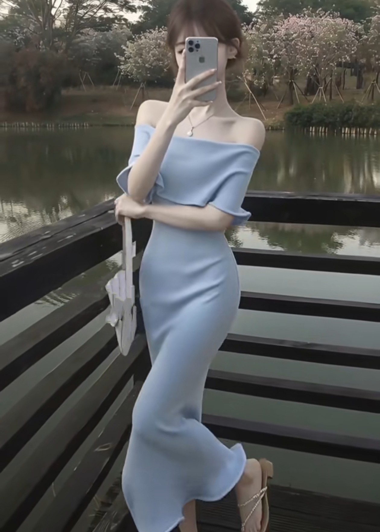 2026 Summer Korean Style Blue Off-Shoulder Knit Dress with Cinched Waist