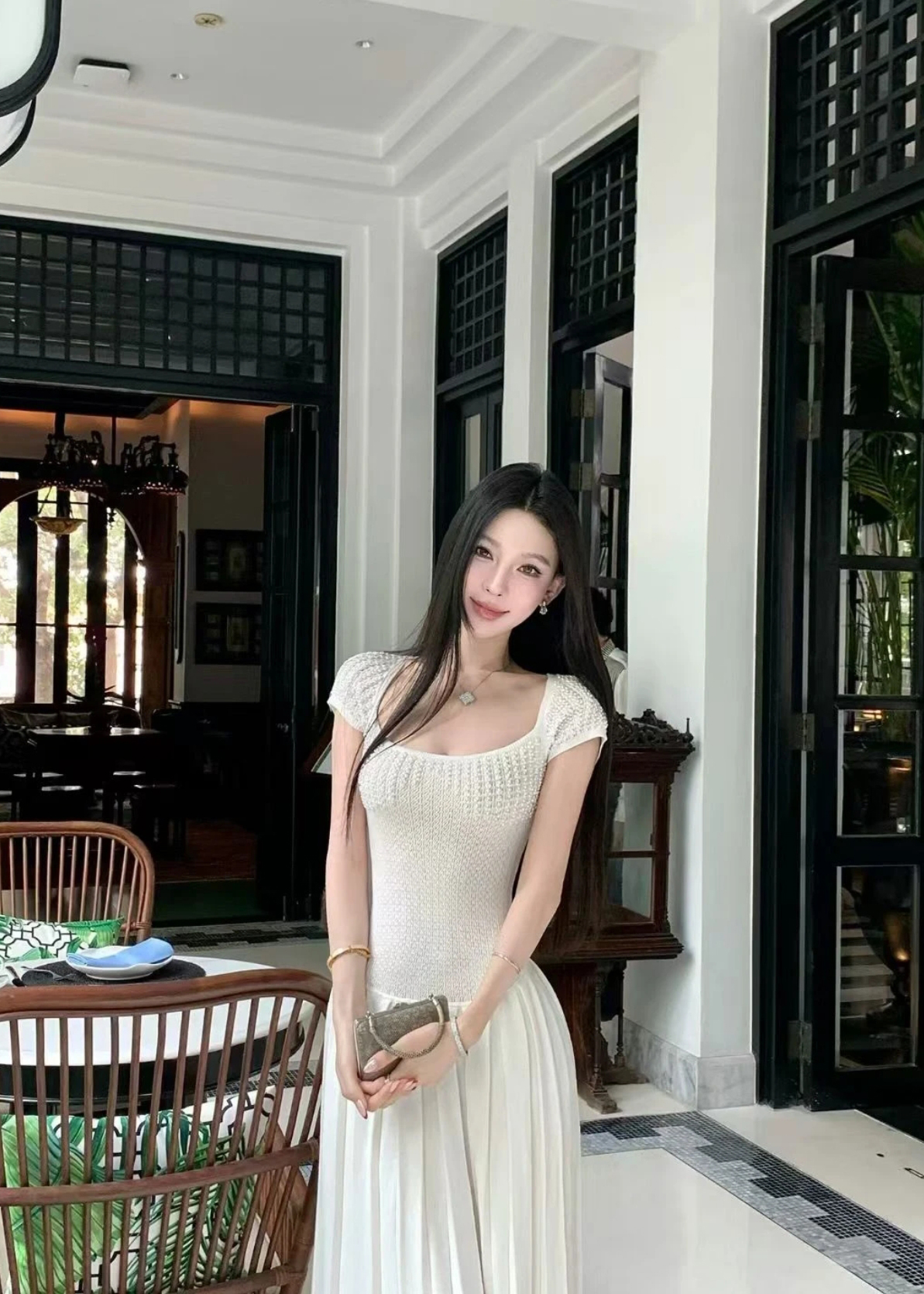 French Minimalist Pure White Dress Classic Square Neck Long Dress