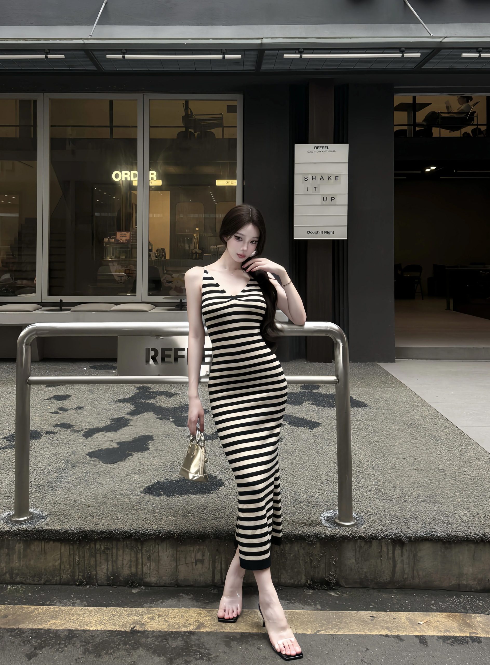 Striped V-Neck Cami Dress Women Summer Waist-Slimming Vintage Sexy Long Dress