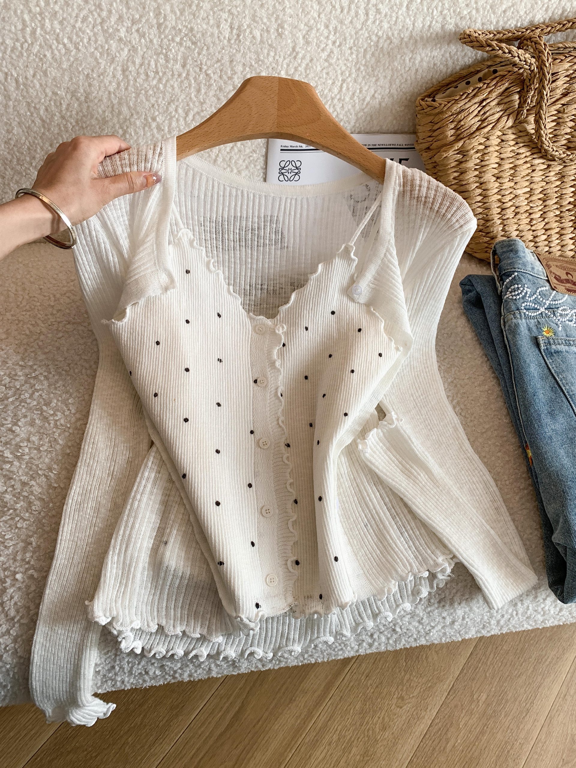 Women's Korean Style Off-White Polka Dot Knit Cami Cardigan Two-Piece Set Summer Sun Protection - Style c154ea