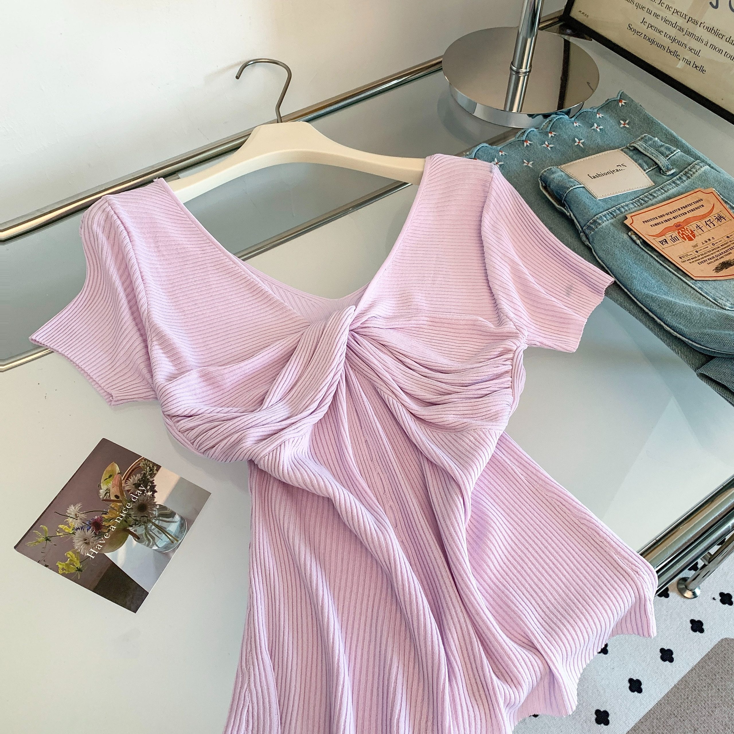 Summer New Fashion Versatile Slimming Short Sleeve Knit Top Women Design Twist V Neck Elegant Shirt - Style 6794db - Image 5