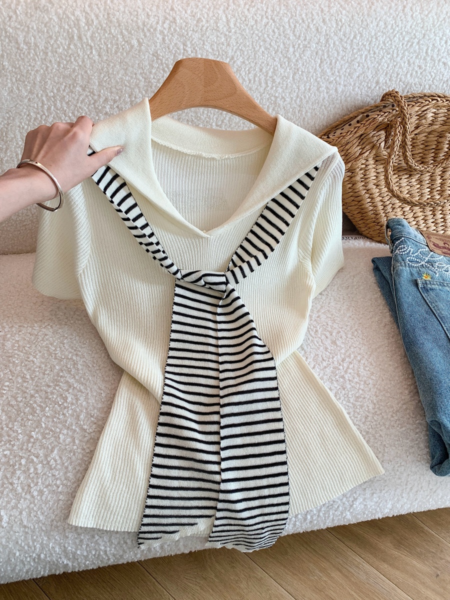 Japanese Preppy Sailor Collar Striped Colorblock T-Shirt with Cape