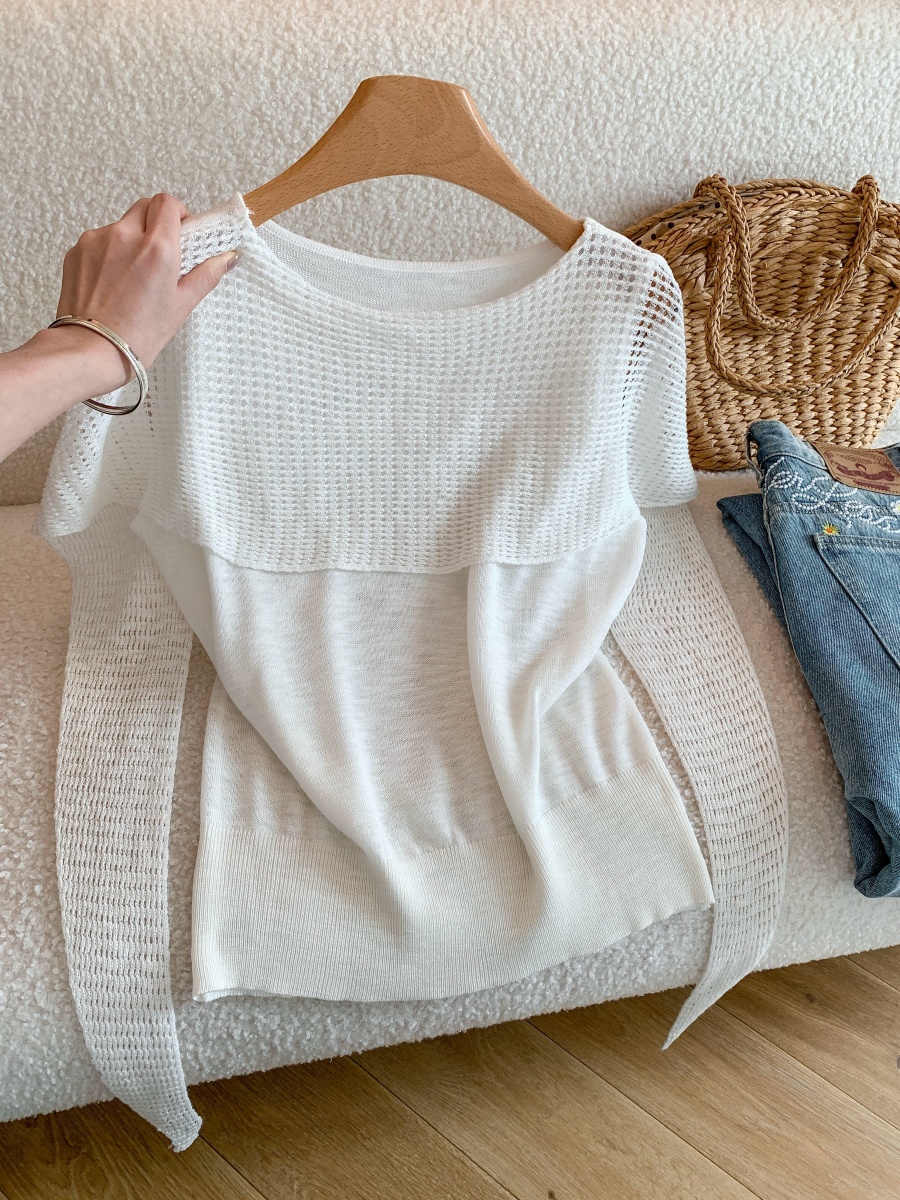 French Style Asymmetric Cutout Short Sleeve Ice Silk Knit Top Women Summer Loose Poncho Cape