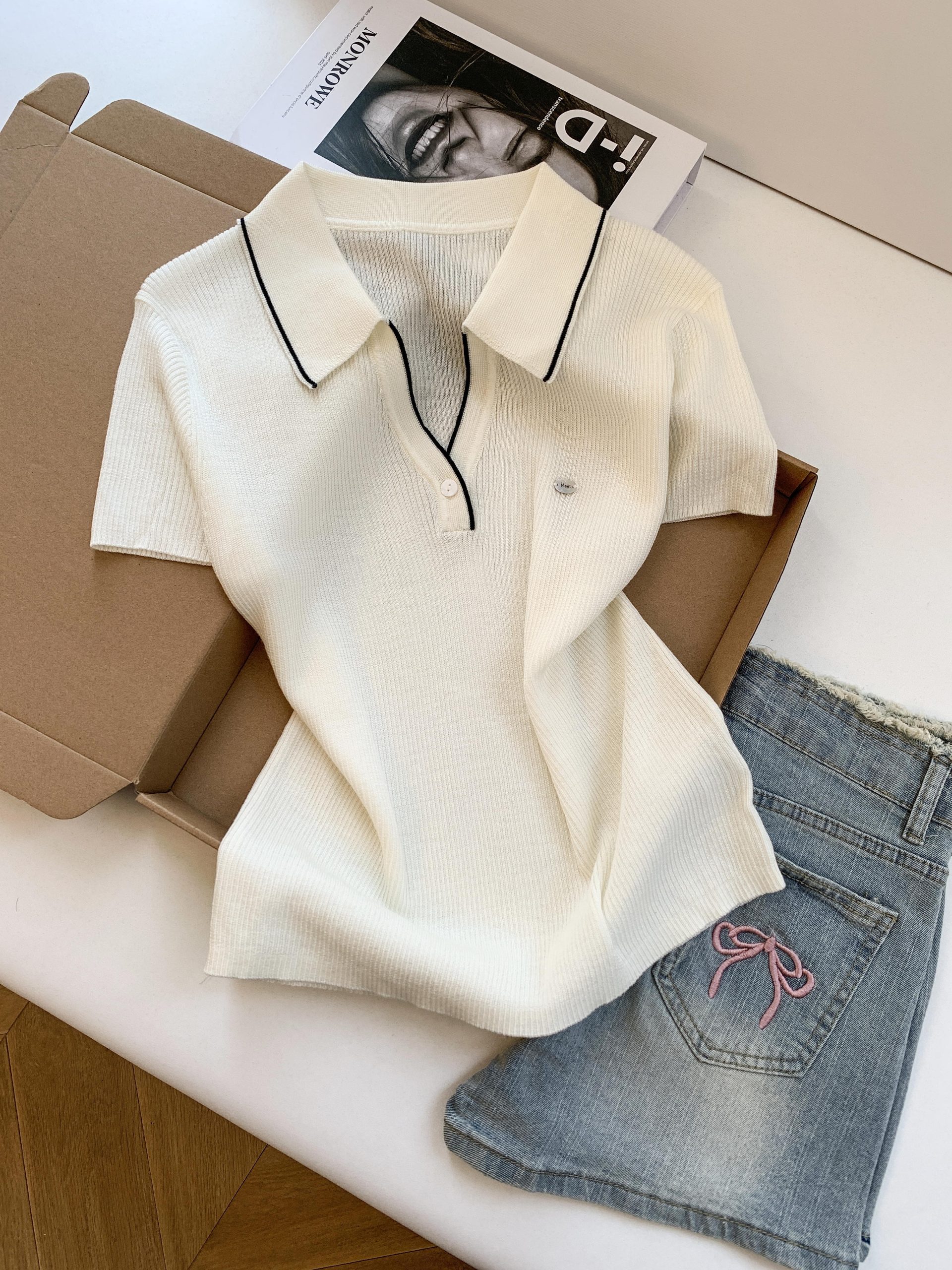 Women's Polo Collar Knit Short Sleeve Top Summer Thin Ice Silk Blend White