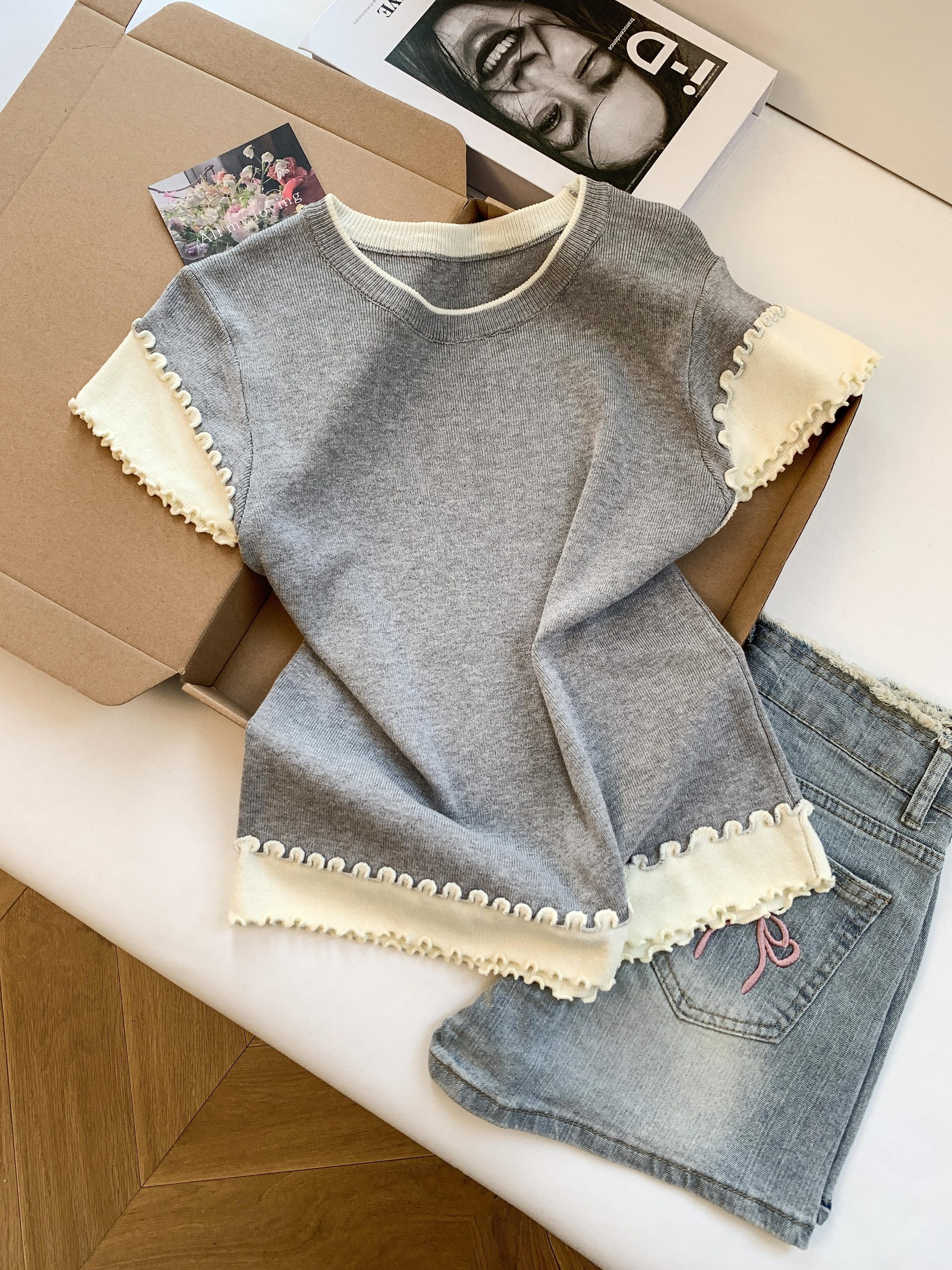 Women's Color-Block Knit T-Shirt Short Sleeve Summer Layered Look Top
