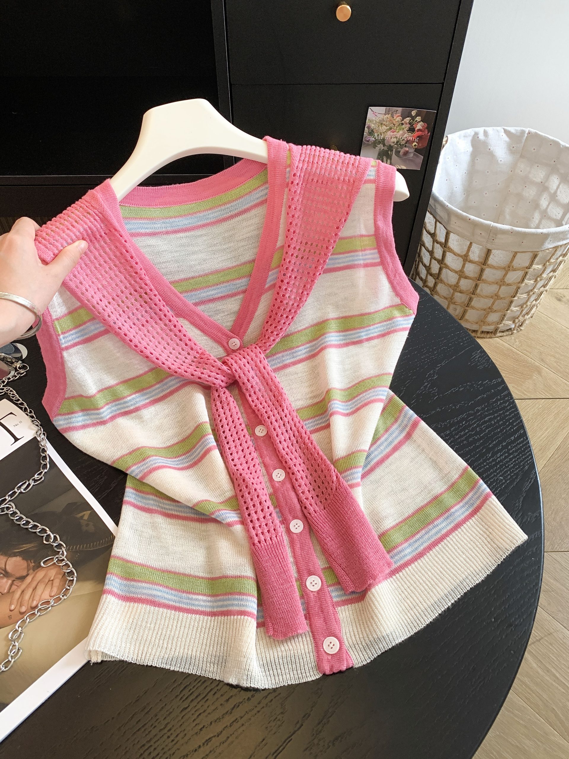 Color Block Striped Shawl Fake Two Piece Knit Vest Women Slimming Youthful Sleeveless V Neck Top