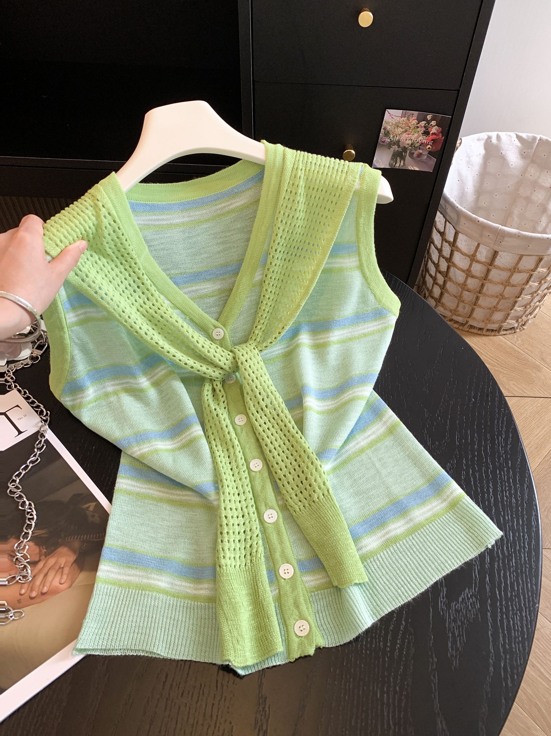 Color Block Striped Shawl Fake Two Piece Knit Vest Women Slimming Youthful Sleeveless V Neck Tank Top