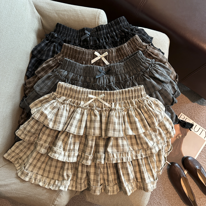 2026 Autumn Plaid Cake Skirt for Girls Faux Suede Elastic Waist A-Line Short Skirt Slimming
