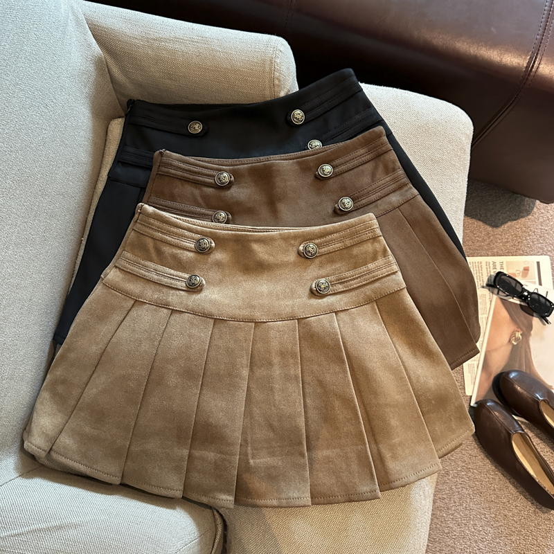 Women's Vintage Suede Pleated High Waist A-Line Mini Skirt 2026 Fall
