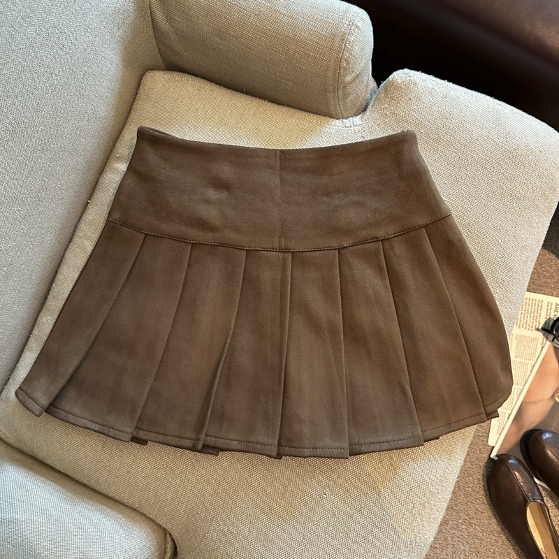 Women's Vintage Suede Pleated High Waist A-Line Mini Skirt 2026 Fall - Image 4