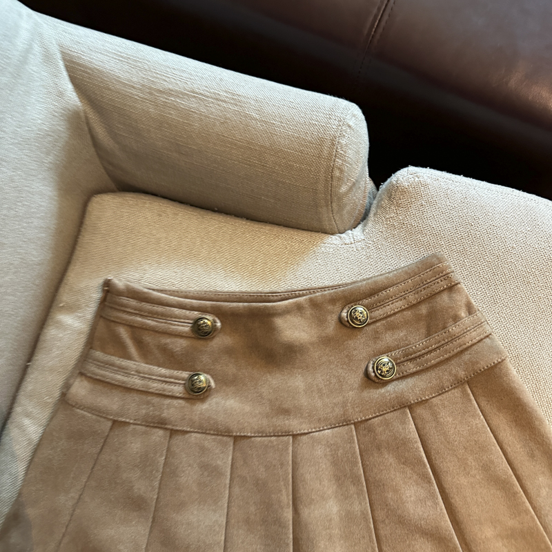 Women's Vintage Suede Pleated High Waist A-Line Mini Skirt 2026 Fall - Image 2