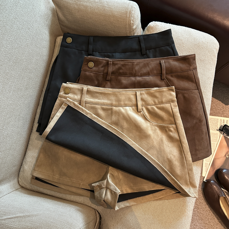 Retro Coffee Faux Suede High Waist A-Line Mini Skirt for Women with Gold Button