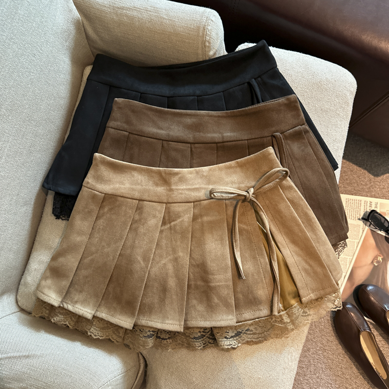 Retro Lace Spliced Suede A-Line Mini Skirt for Women 2026 Autumn Bow Slit