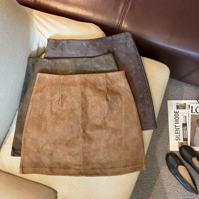 Retro Suede Diamond Embroidered A-Line Mini Skirt for Women